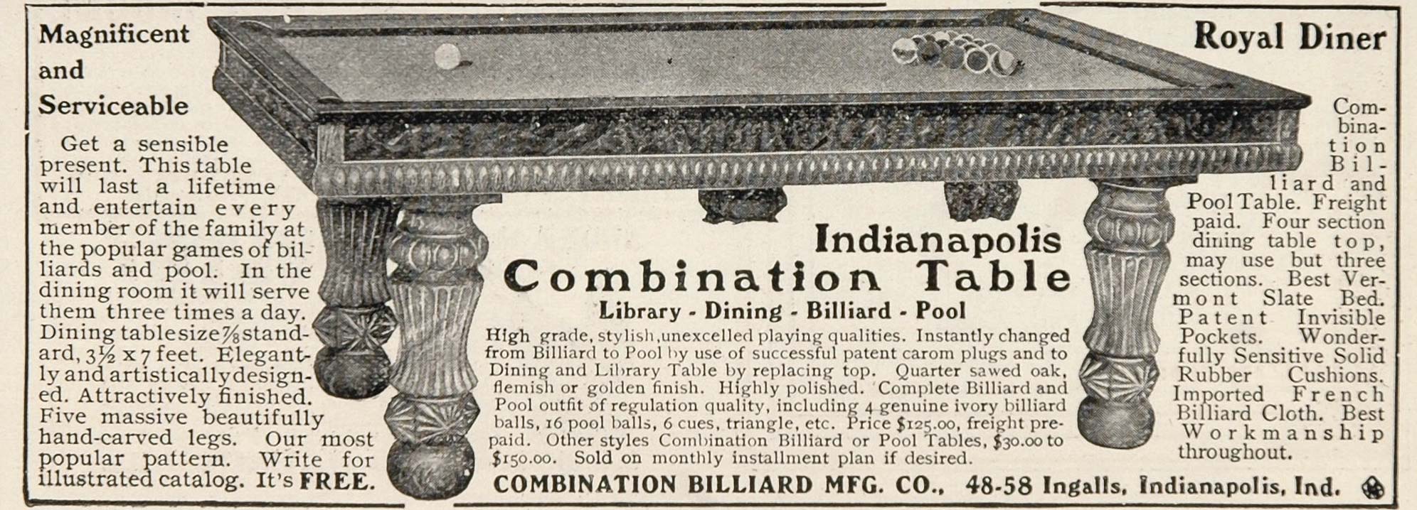 1904 Ad Indianapolis Combination Billiard Pool Table - ORIGINAL ADVERTISING OLD3