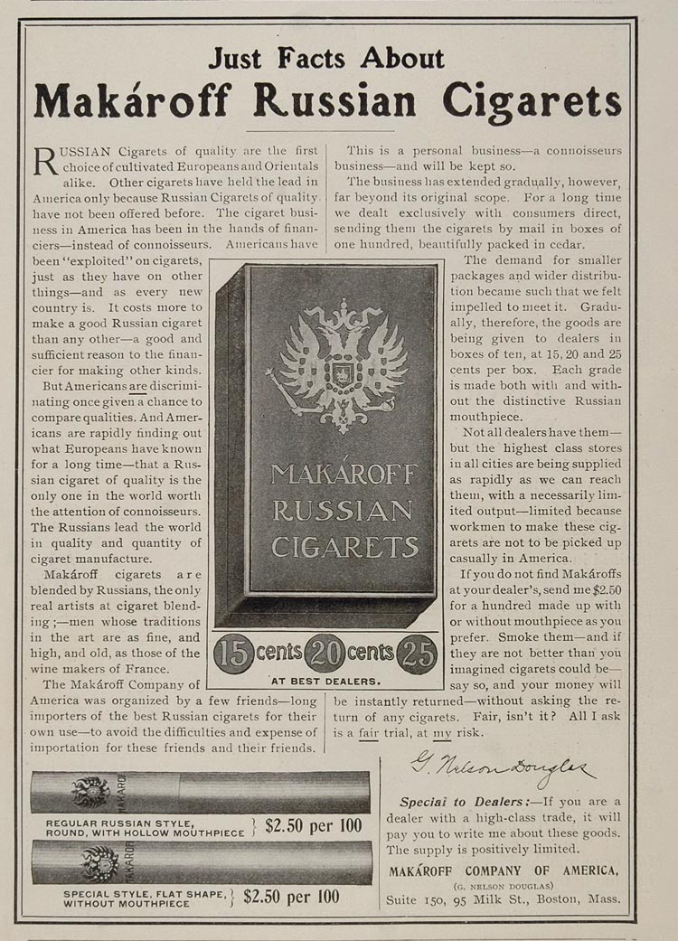1907 Ad Makaroff Russian Cigarets Cigarettes Boston - ORIGINAL ADVERTISING OLD3