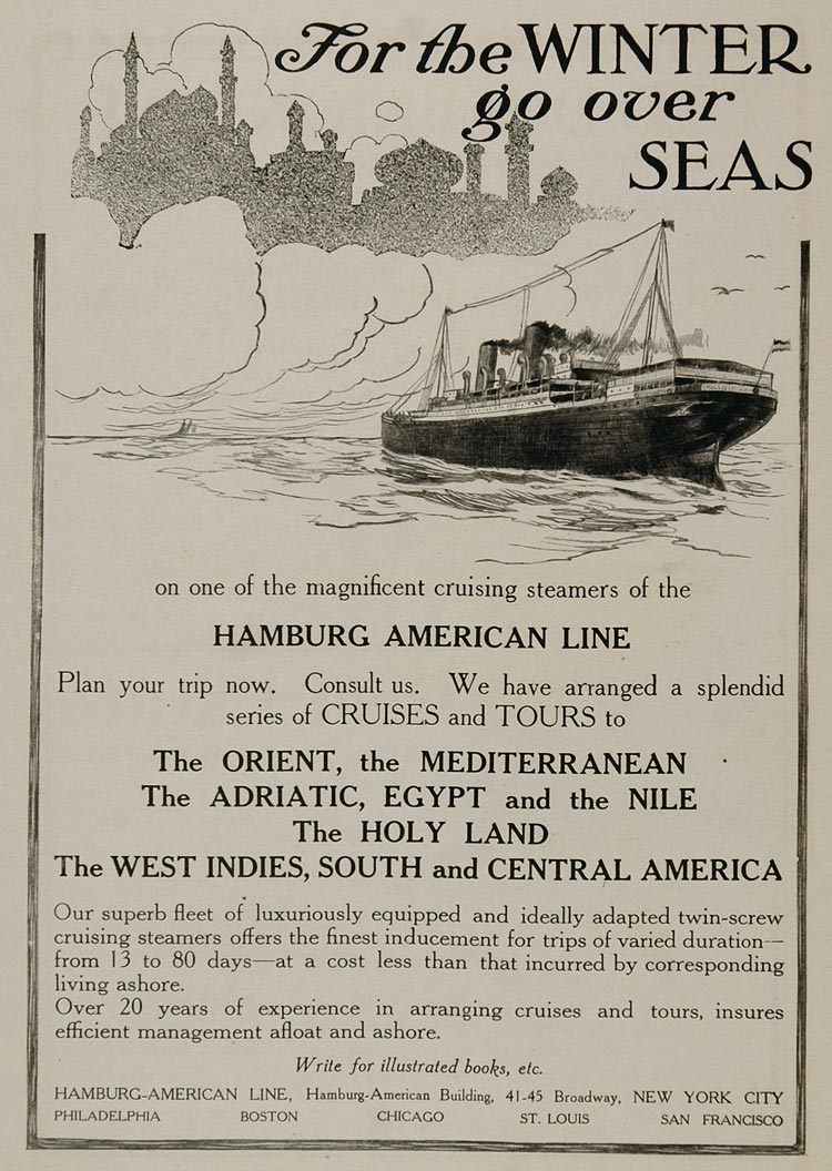 1908 Ad Hamburg American Cruise Line Steamship Travel - ORIGINAL OLD3