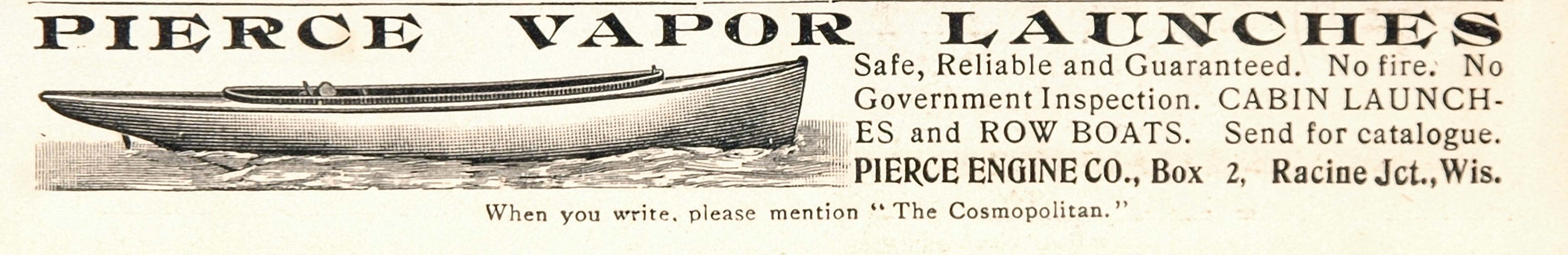 1901 Ad Pierce Vapor Launch Boat Engine Racine Junction - ORIGINAL OLD3