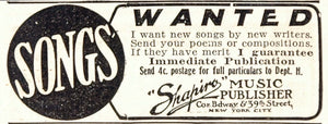1908 Vintage Ad Song Writer Shapiro Music Publisher NYC - ORIGINAL OLD3
