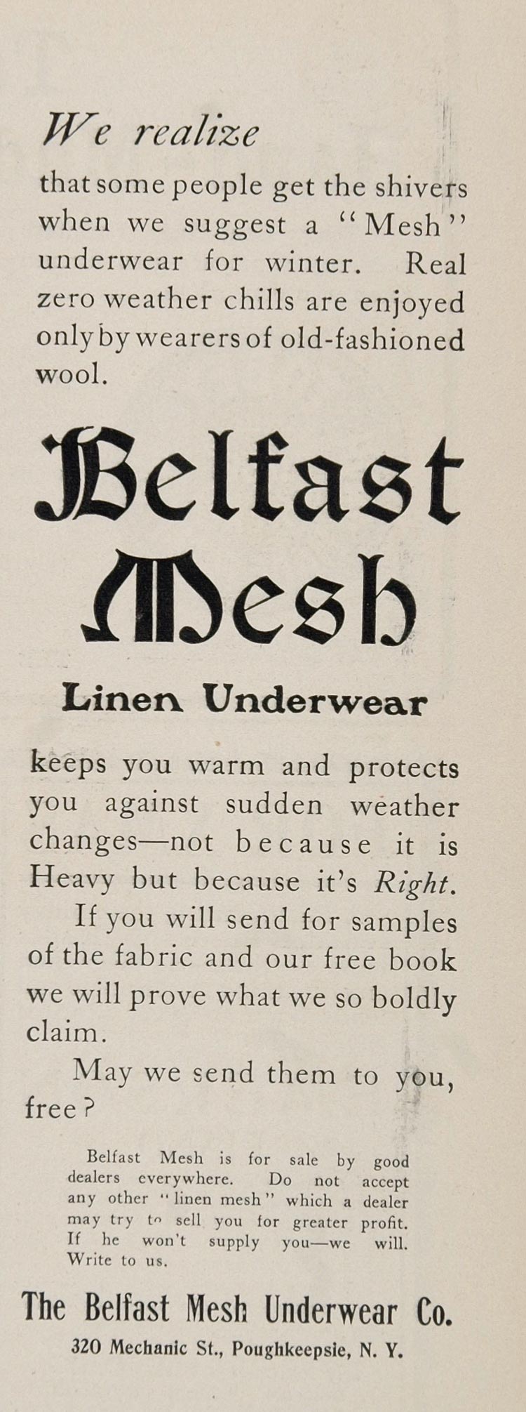 1903 Ad Belfast Mesh Underwear Union Suit Poughkeepsie - ORIGINAL OLD3