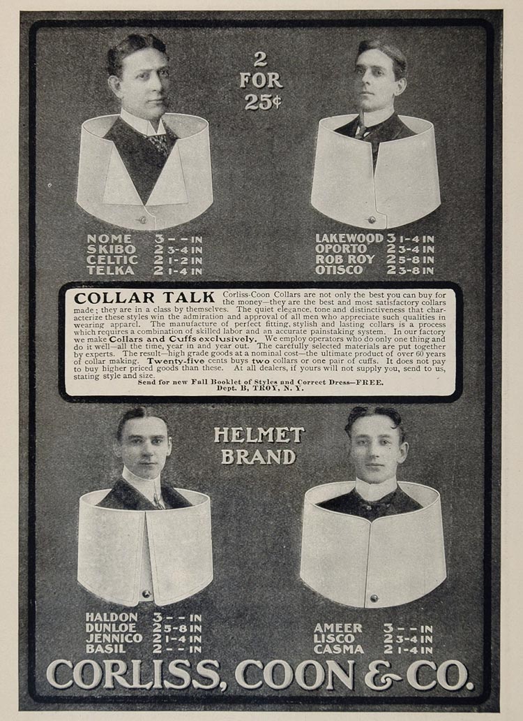 1901 Original Ad Corliss Coon Helmet Brand Mens Collars - ORIGINAL OLD3