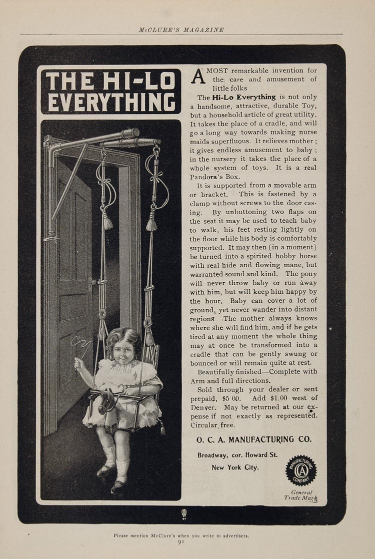 1903 Vintage Print Ad Baby Swing Toy Hi-Lo Everything - ORIGINAL OLD3