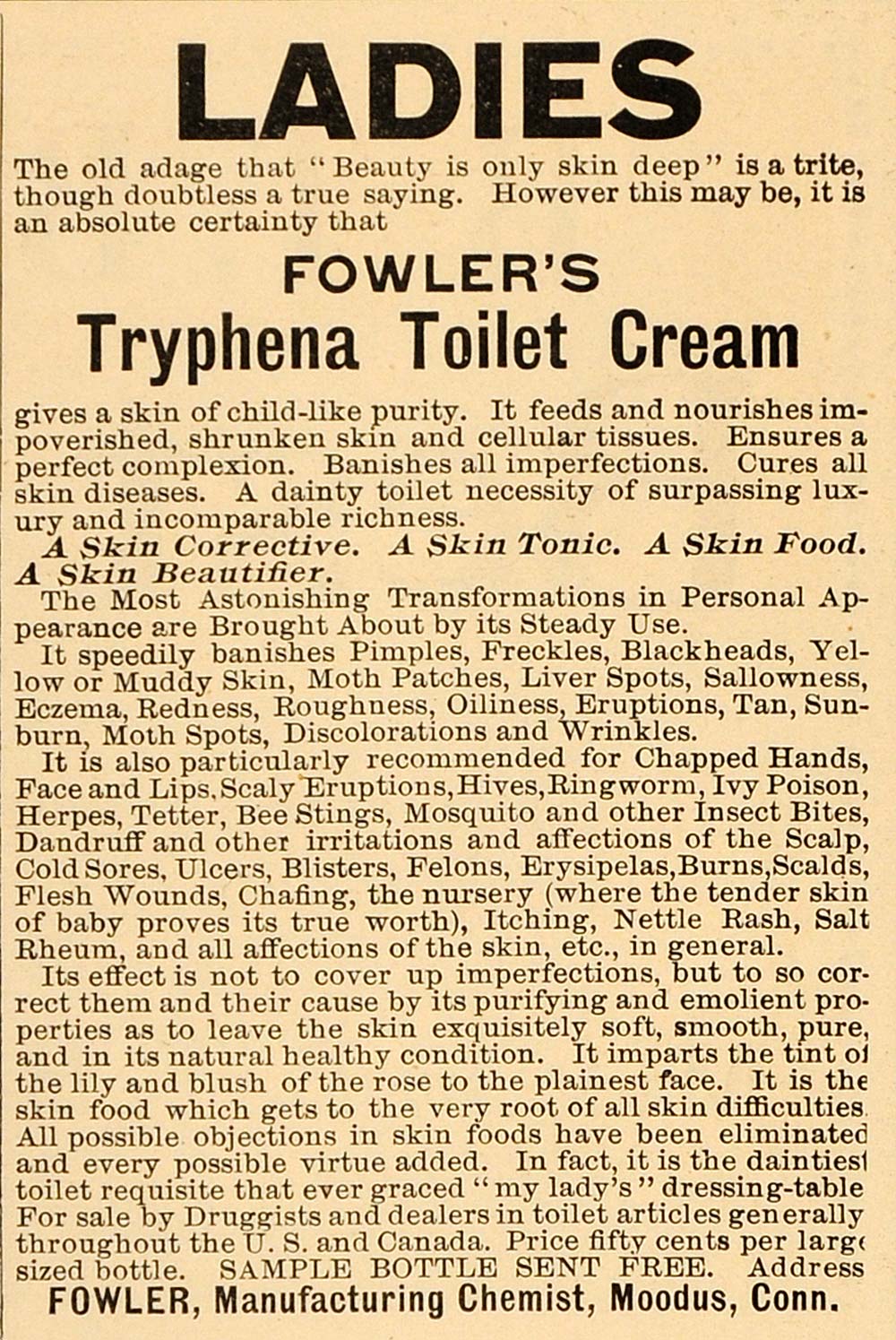 1901 Vintage Ad Fowler's Tyrphena Skin Cream Quackery - ORIGINAL OLD4A