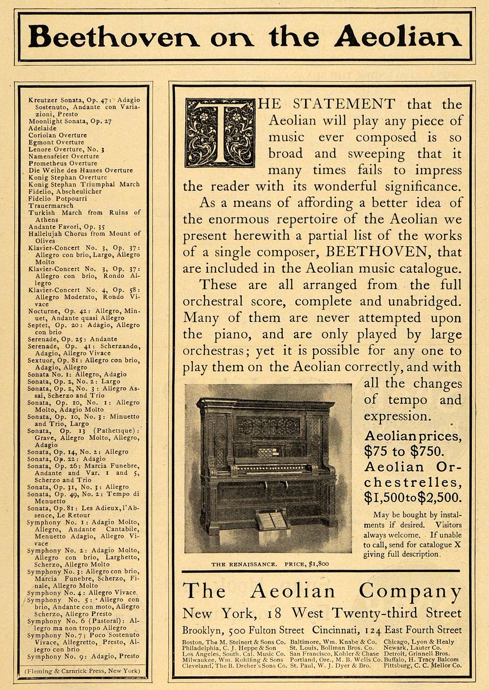 1901 Vintage Ad Aeolian Piano Beethoven Music Catalog - ORIGINAL OLD4A