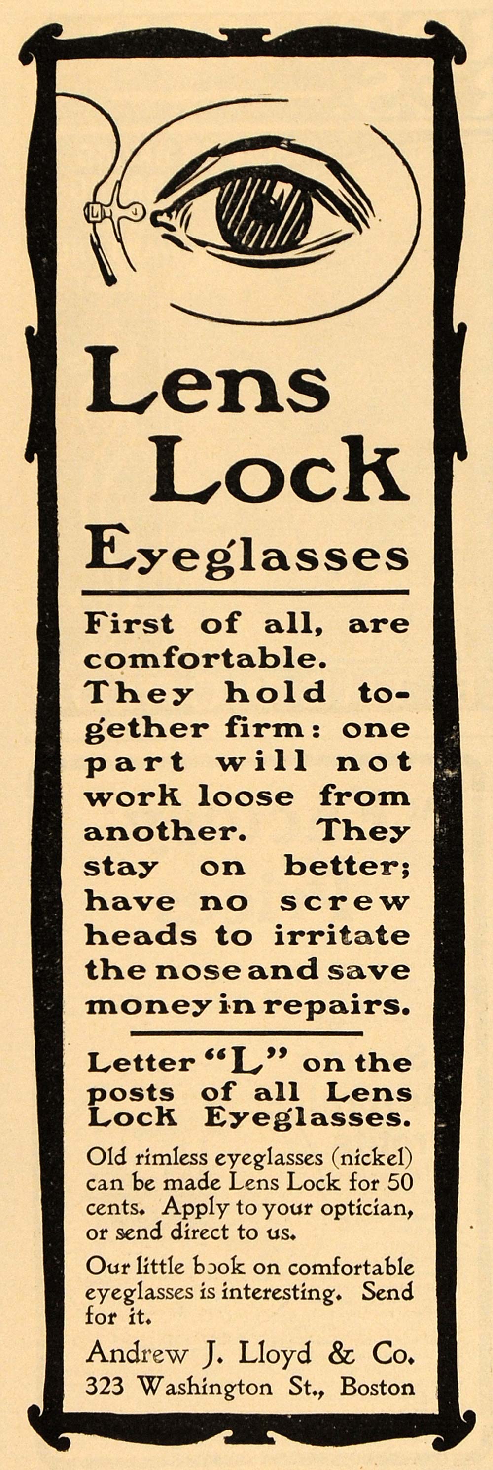 1901 Vintage Ad Lens Lock Eyeglasses Andrew J. Lloyd Co - ORIGINAL OLD4A