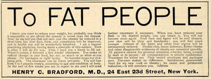 1902 Vintage Ad Obesity Cure Quackery Henry C. Bradford - ORIGINAL OLD4A