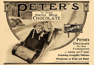1906 Ad Peter's Swiss Milk Chocolate Children Sledding - ORIGINAL OLD4A