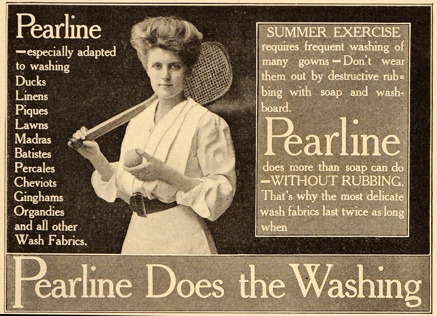 1908 Ad Pearline Laundry Soap Woman Tennis Racquet Ball - ORIGINAL OLD4A