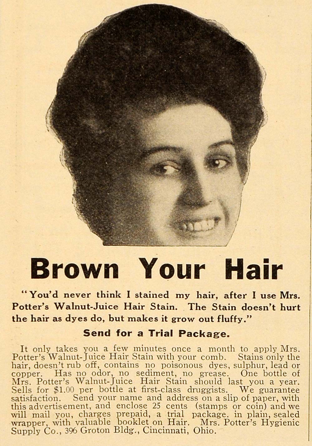 1908 Ad Mrs. Potter's Hair Coloring Walnut Juice Stain - ORIGINAL OLD4A