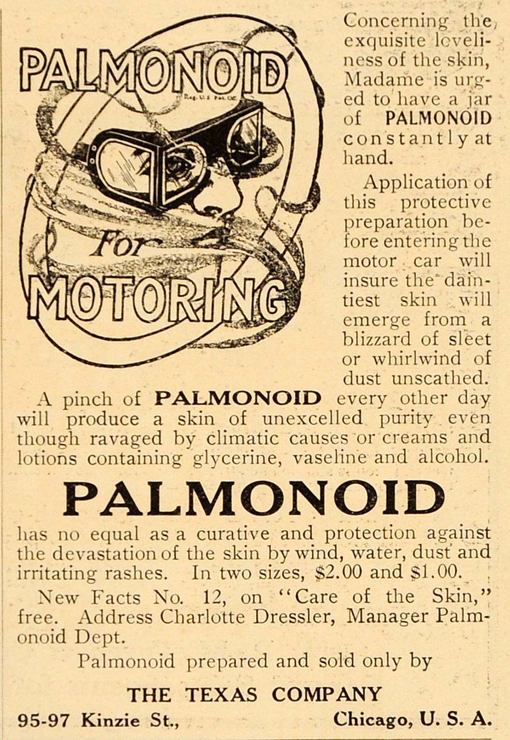 1908 Ad Palmonoid Skin Cream Lotion The Texas Company - ORIGINAL OLD4A