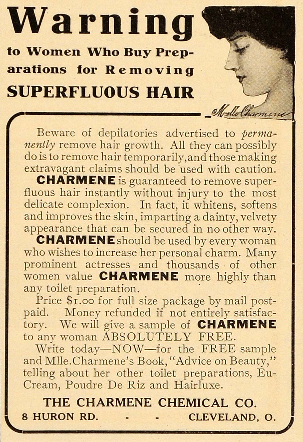 1908 Vintage Ad Charmene Hair Depilatory Removal Cream - ORIGINAL OLD4A