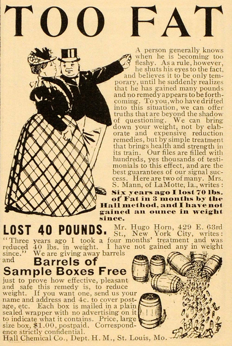 1902 Quackery Ad Obesity Fat Reducing Hall Weight Loss ORIGINAL OLD4
