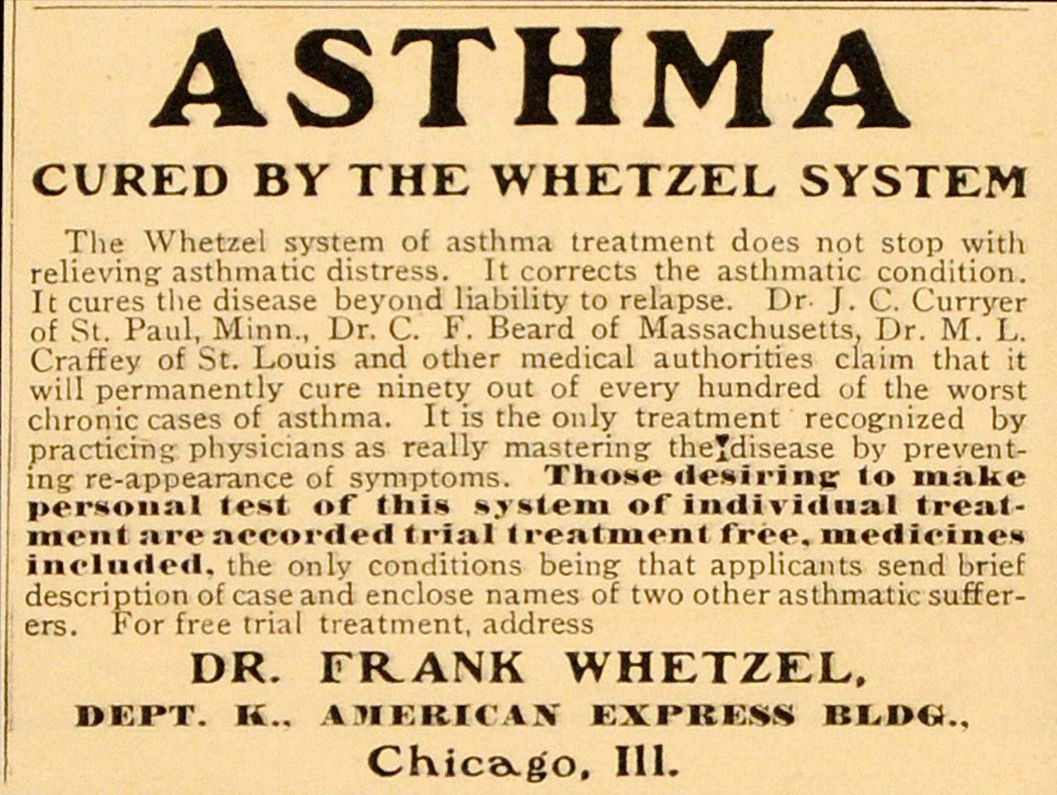 1902 Vintage Ad Dr Whetzel Asthma Disease Cure Quackery - ORIGINAL OLD4A
