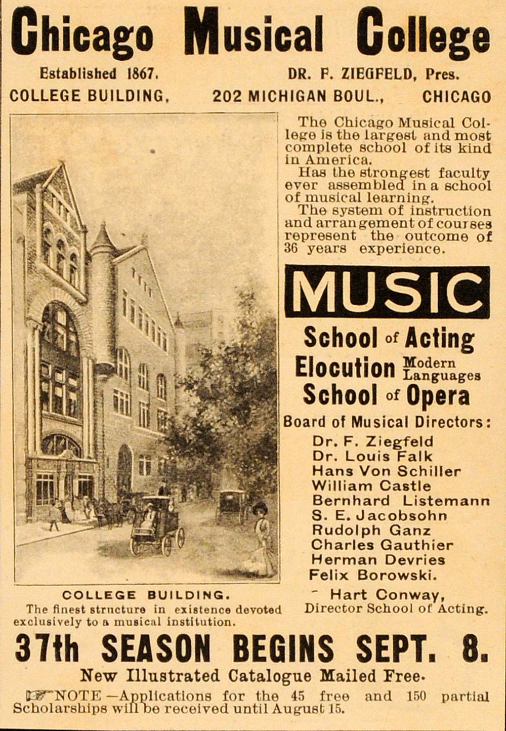 1902 Vintage Ad Chicago Musical College Music Ziegfeld - ORIGINAL OLD4A