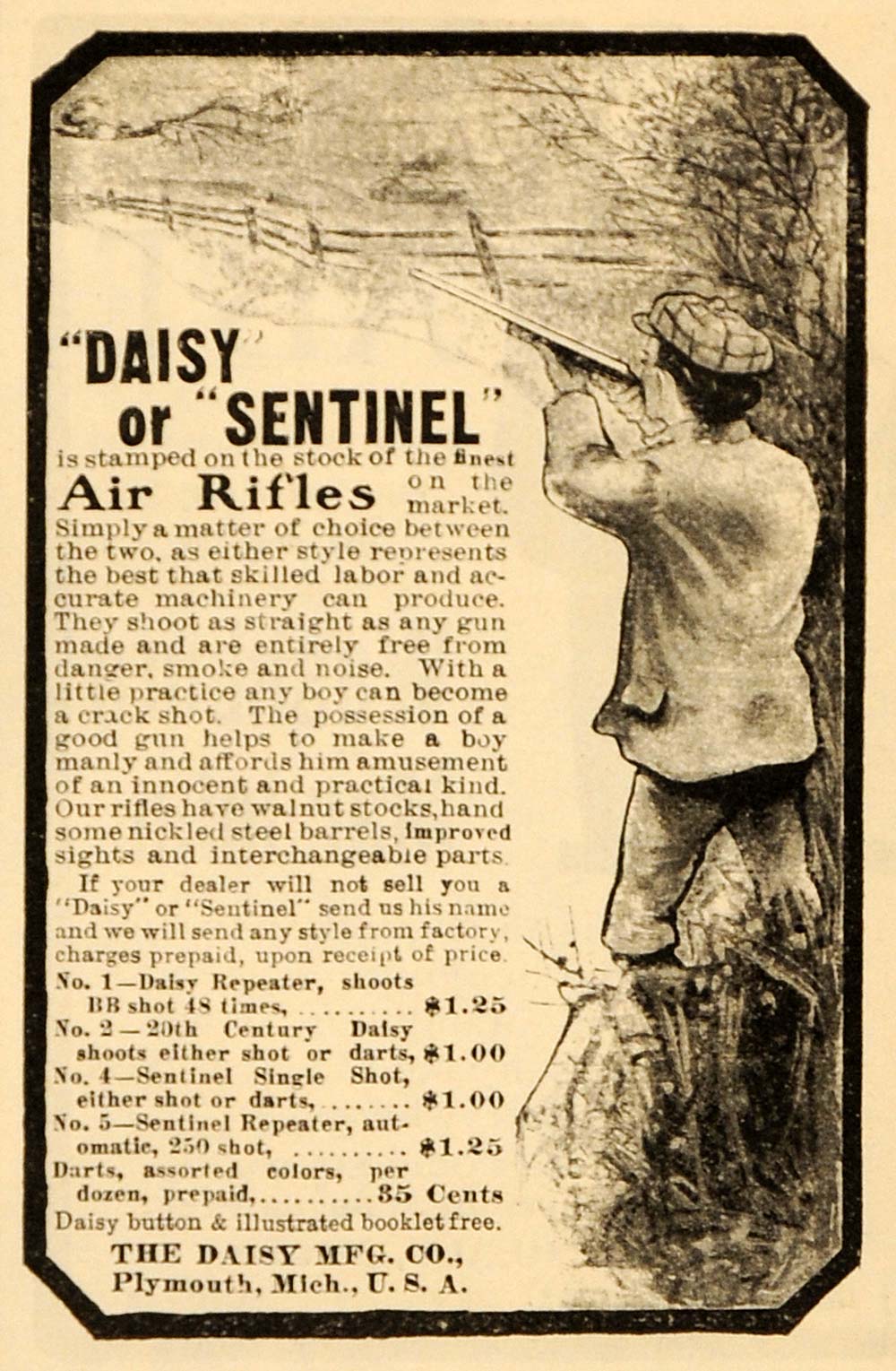 1901 Vintage Ad Daisy Sentinel Air Rifle Boy Antique - ORIGINAL OLD4A