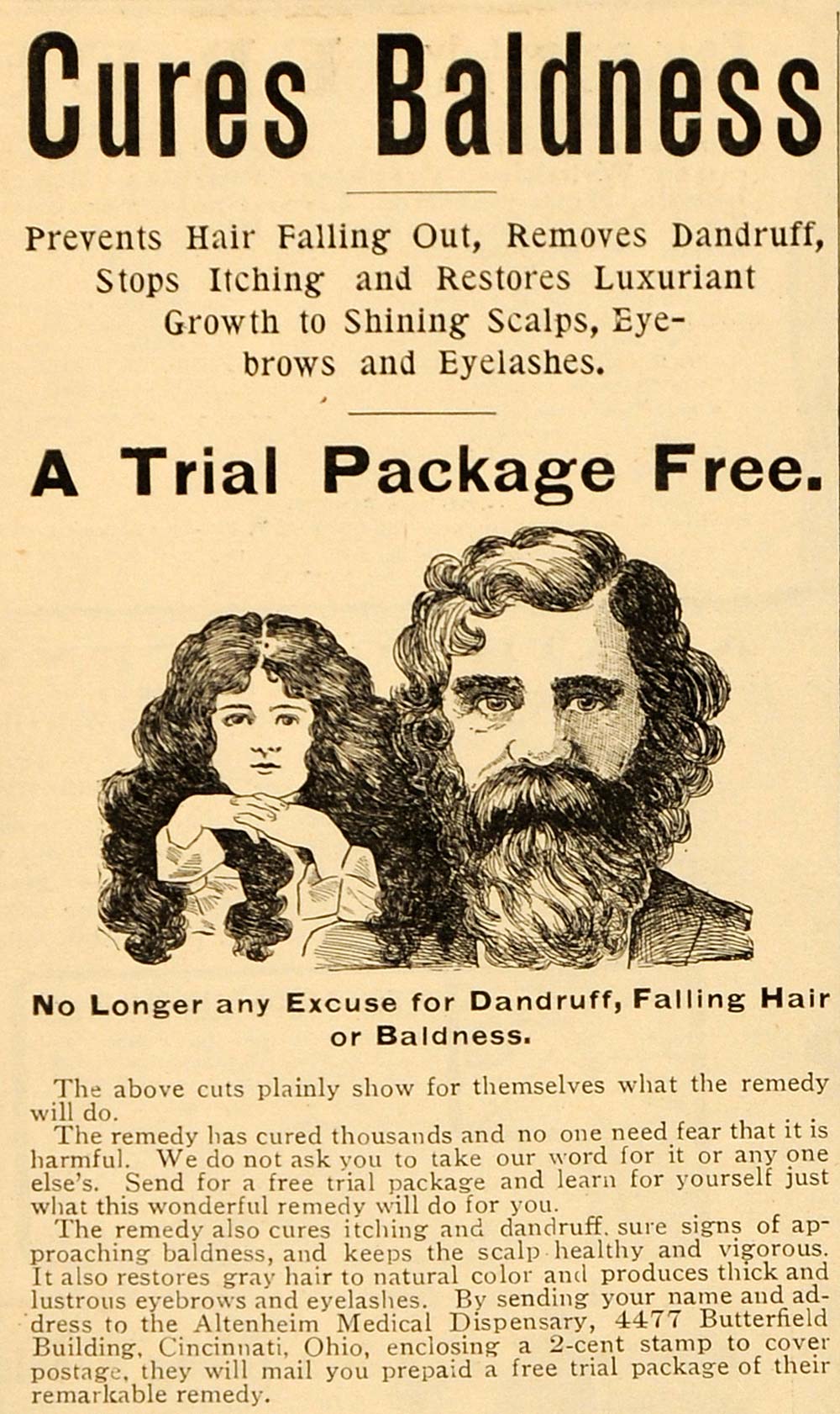 1901 Vintage Quackery Ad Baldness Cure Dandruff Hair - ORIGINAL OLD4A