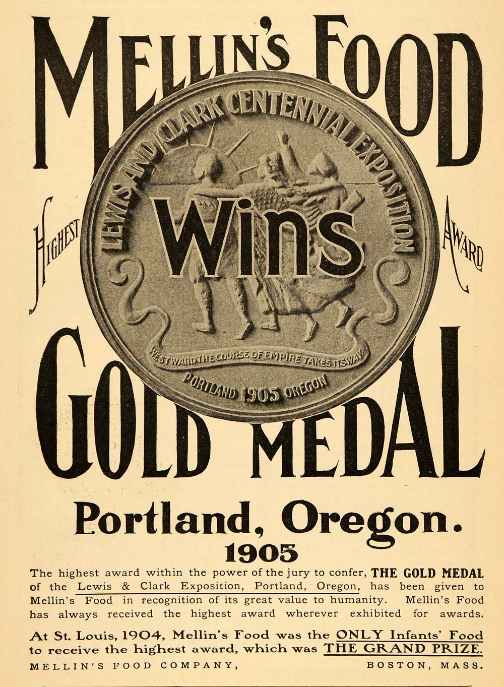 1905 Ad Mellins Food Louis Clark Centennial Expo. Medal - ORIGINAL OLD4A