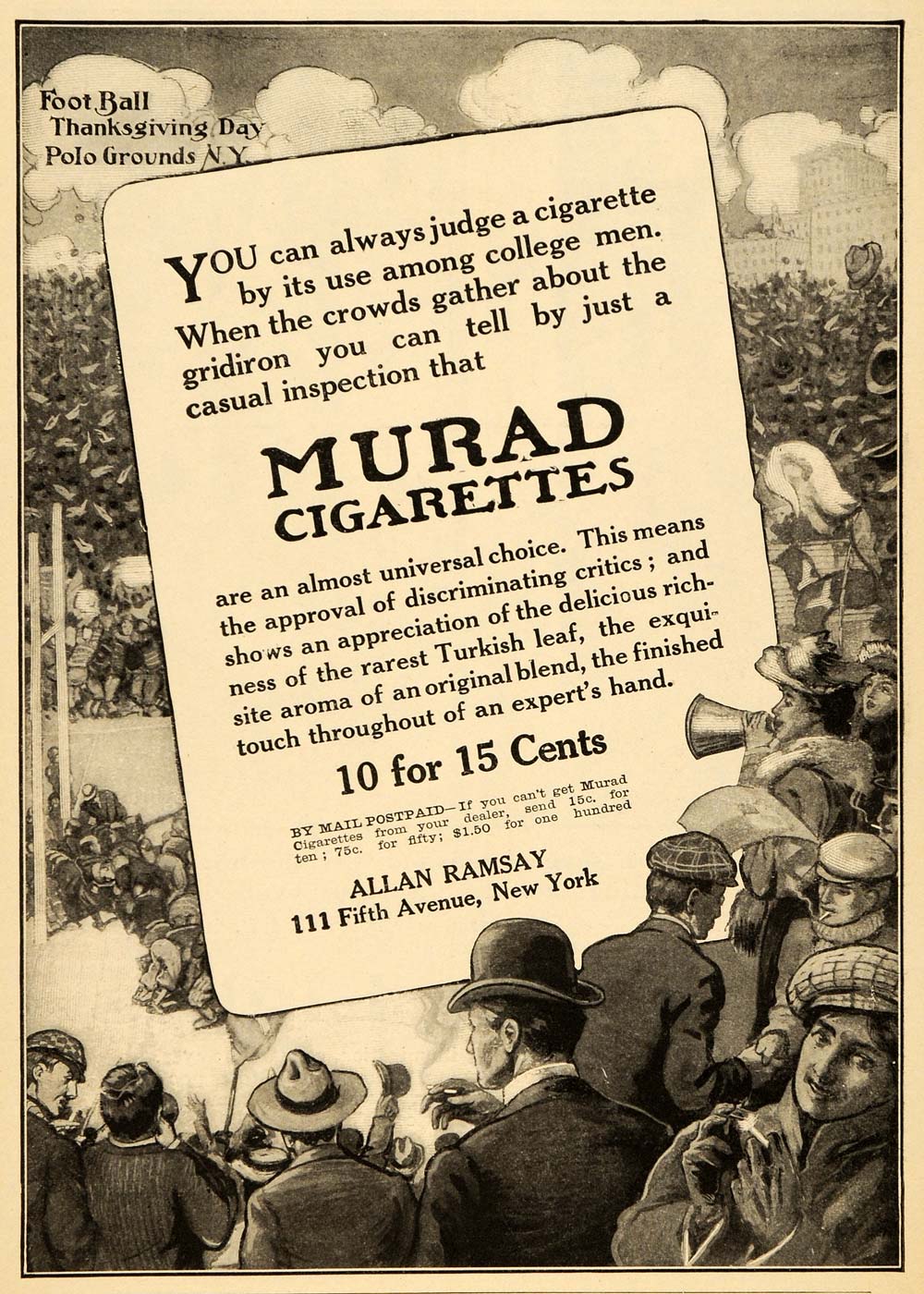1905 Ad Murad Cigarettes College Football Thanksgiving - ORIGINAL OLD4A