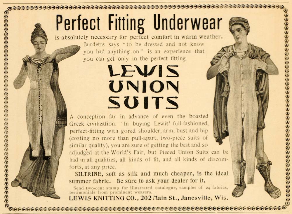 1898 Vintage Ad Lewis Union Suit Siltrine Janesville WI - ORIGINAL OLD