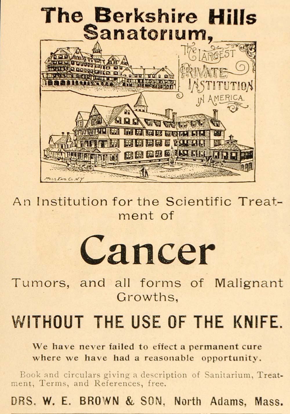 1898 Ad Berkshire Hills Cancer Sanitarium North Adams - ORIGINAL OLD5