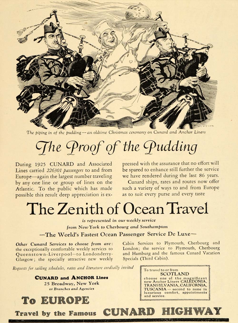 1926 Ad Cunard Piping in of the Pudding Bagpipers Chef - ORIGINAL OLD5