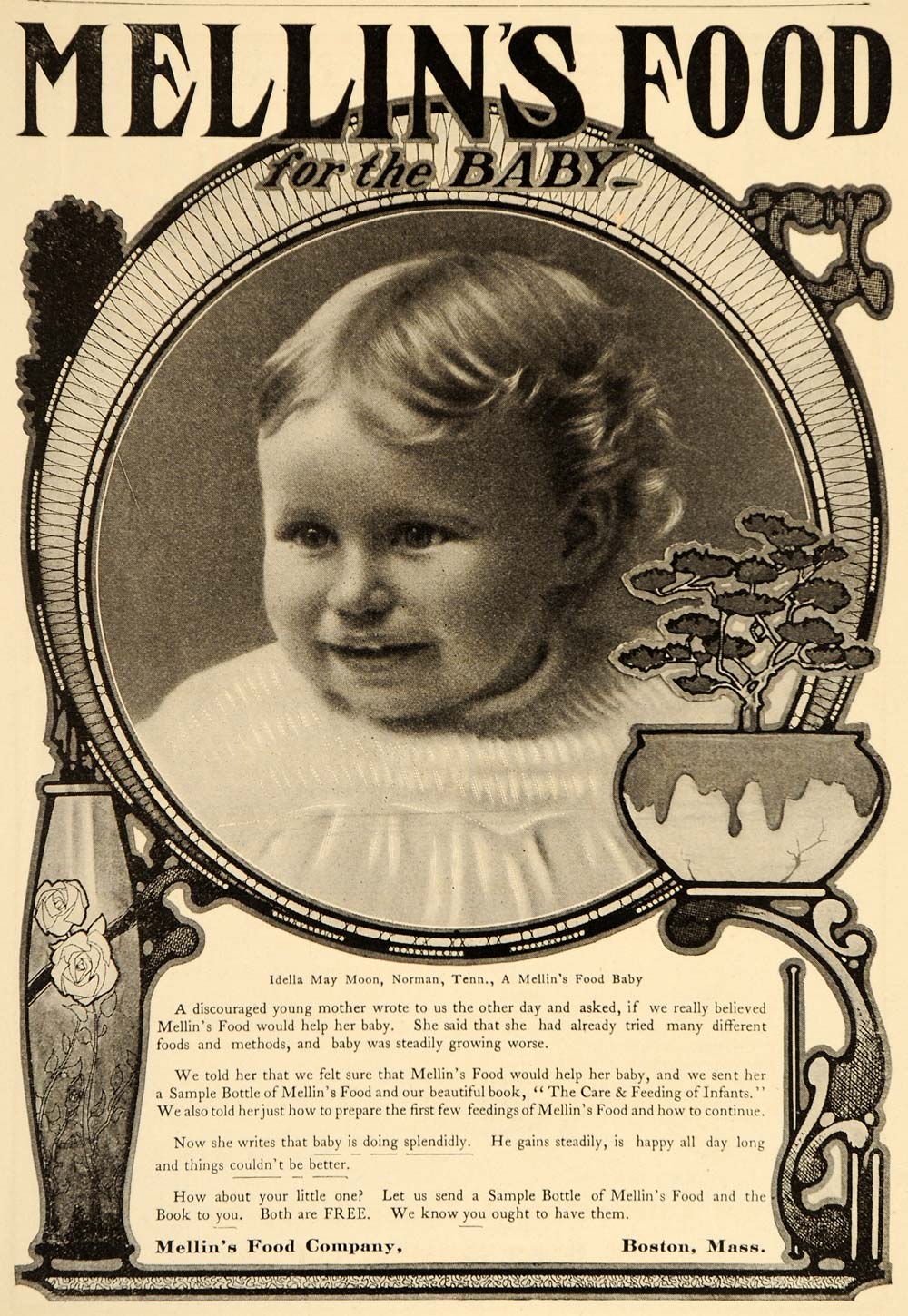 1907 Ad Mellin's Food Baby Idella May Moon Norman TN - ORIGINAL ADVERTISING OLD5