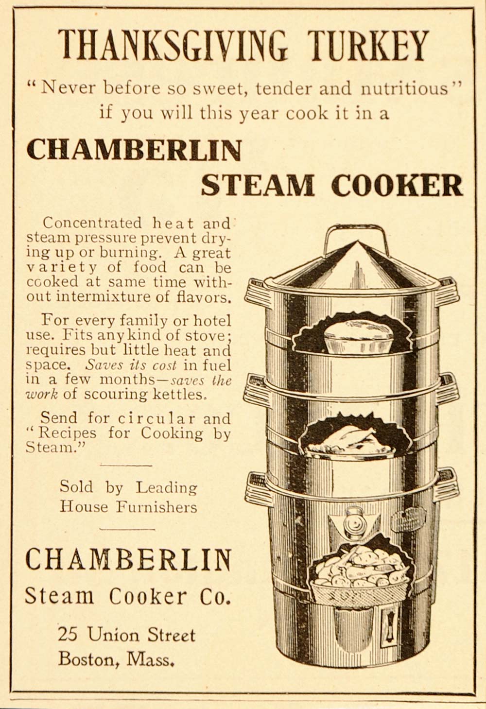 1907 Vintage Ad Chamberlin Steam Cooker Turkey Boston - ORIGINAL OLD5