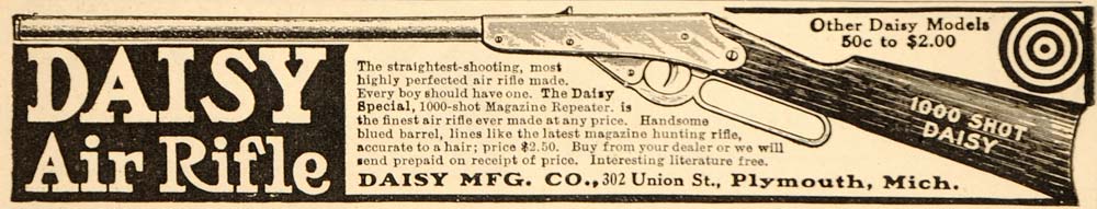 1910 Vintage Ad Daisy Air Rifle 1000 Shot Plymouth MI - ORIGINAL OLD5