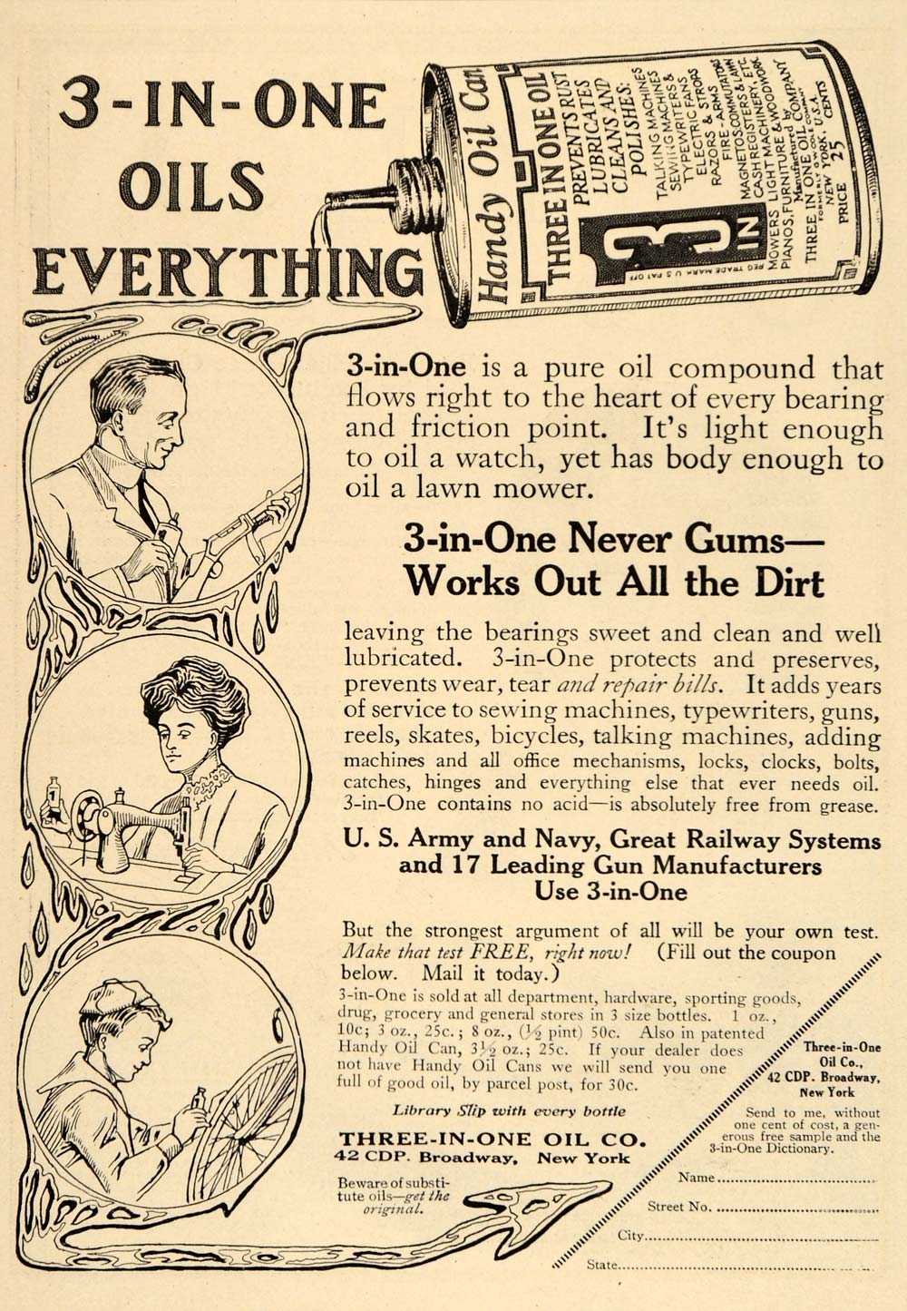1913 Vintage Ad Three-in-One 3 in 1 Lubricating Oil - ORIGINAL