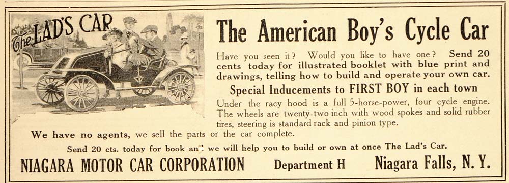1913 Vintage Ad Boys Lad's Car Go Cart Niagara Motor - ORIGINAL ADVERTISING OLD5