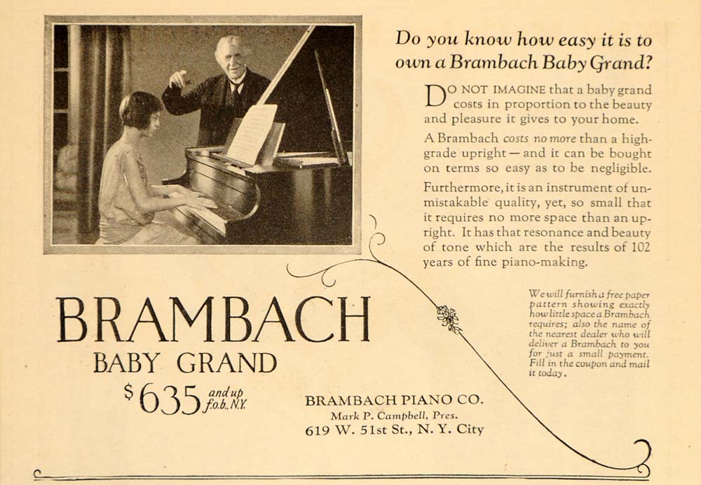 1925 Vintage Ad Brambach Baby Grand Piano Teacher - ORIGINAL ADVERTISING OLD6
