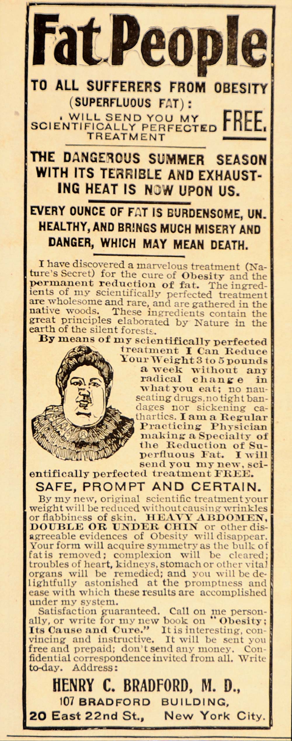 1905 Vintage Quackery Ad Obesity Cure Henry C. Bradford - ORIGINAL OLD6