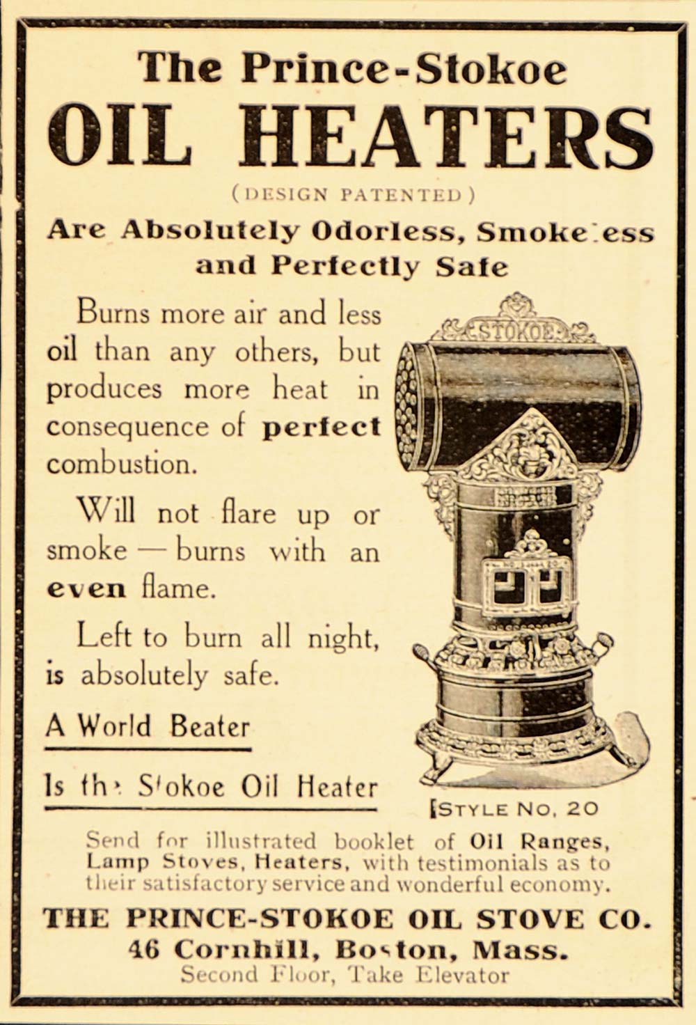 1907 Vintage Ad Prince Stokoe Oil Heater Model No. 20 - ORIGINAL OLD6