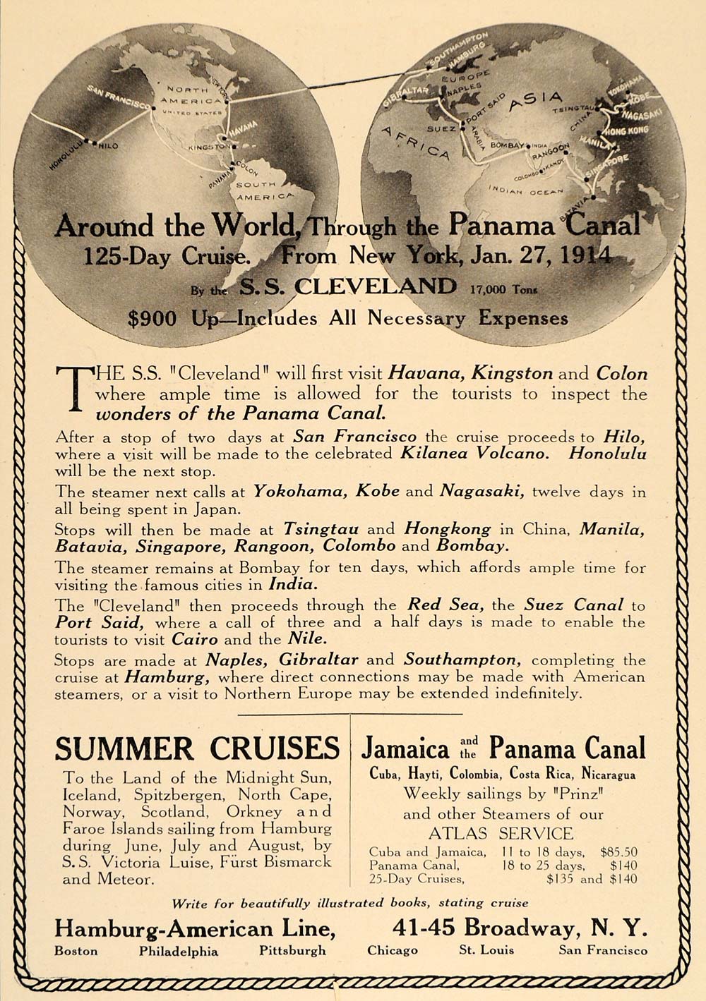 1913 Ad Hamburg American Line Around the World Cruise - ORIGINAL OLD6
