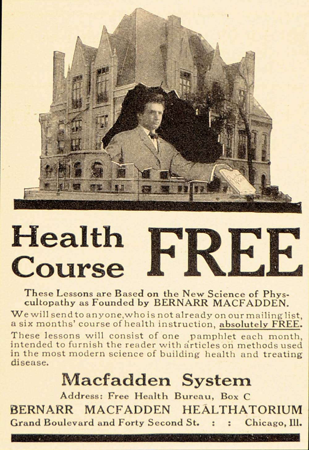 1913 Quackery Health Ad Bernarr Macfadden Healthatorium - ORIGINAL OLD6