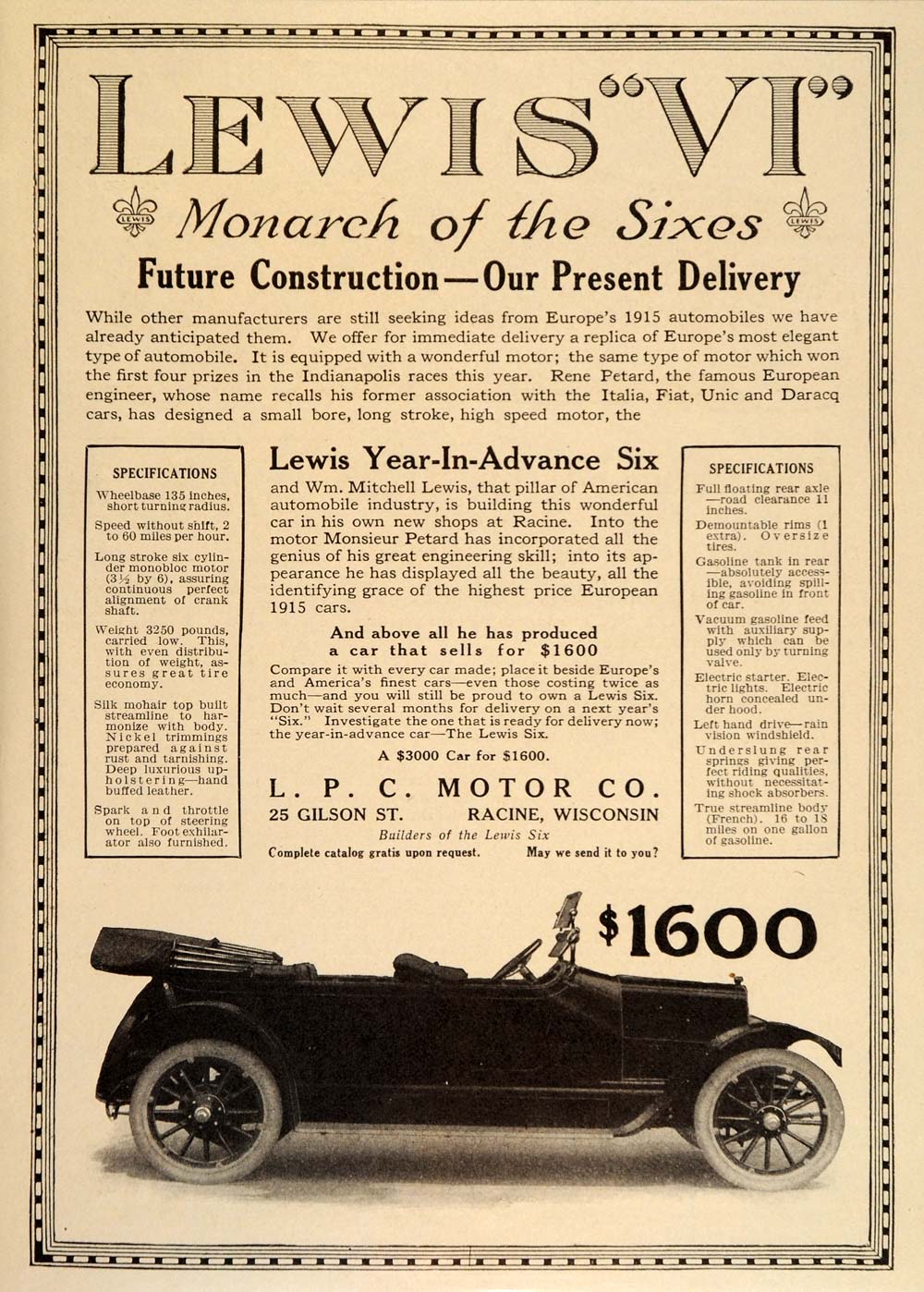 1914 Ad Lewis VI Vintage Car L.P.C. Motor Racine Wis. - ORIGINAL OLD7