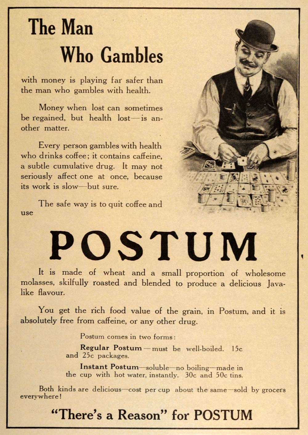 1914 Vintage Ad Postum Gambler Cards Chips Gambling - ORIGINAL ADVERTISING OLD7