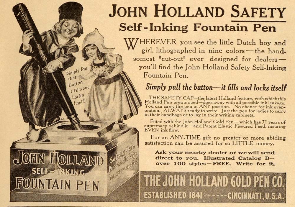 1911 Ad John Holland Fountain Pen Ink Dutch Boy Girl - ORIGINAL ADVERTISING OLD8