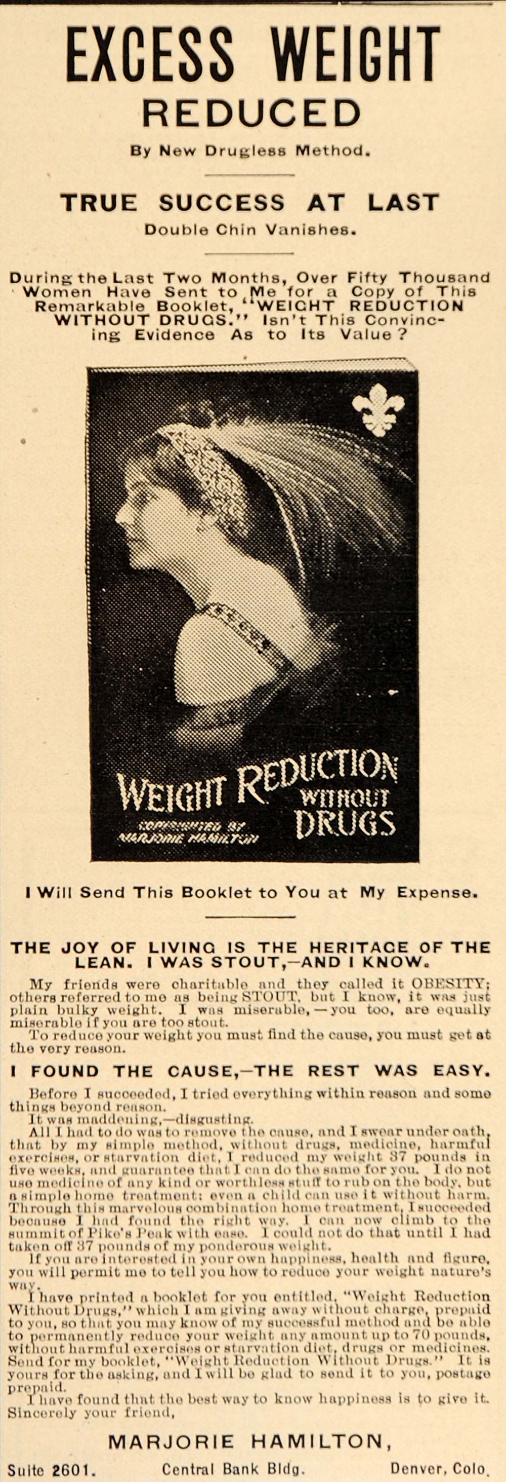 1912 Vintage Quackery Ad Weight Loss Marjorie Hamilton - ORIGINAL OLD9