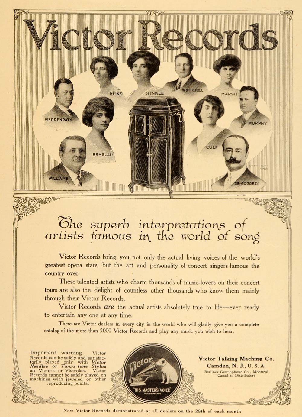 1916 Ad Victor Records Concert Opera Singers Nipper - ORIGINAL ADVERTISING OLD9