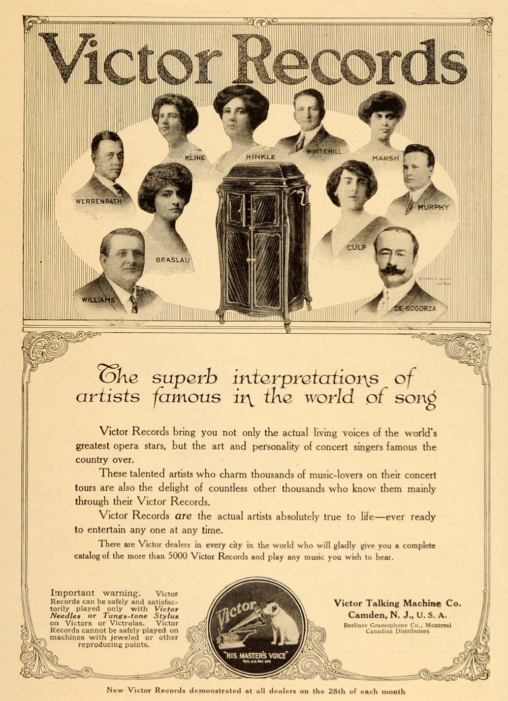1916 Ad Victor Records Concert Opera Singers Nipper - ORIGINAL ADVERTI ...