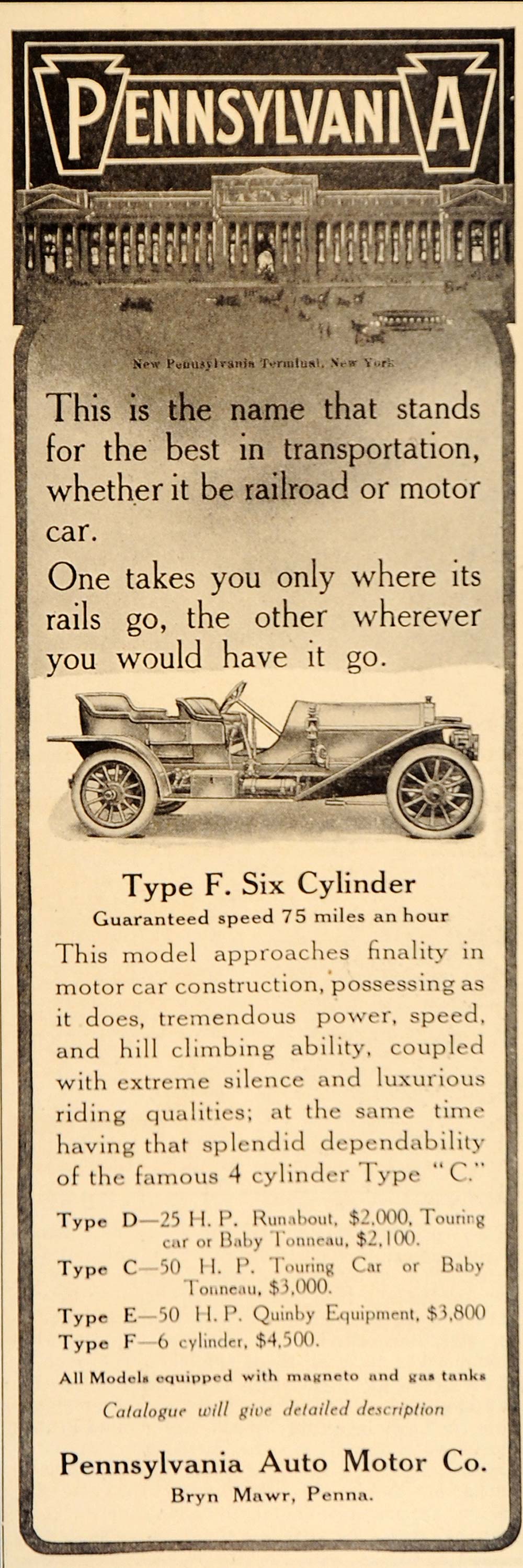 1909 Ad Pennsylvania Type F Six Cylinder Antique Car - ORIGINAL ADVERTISING OLD9