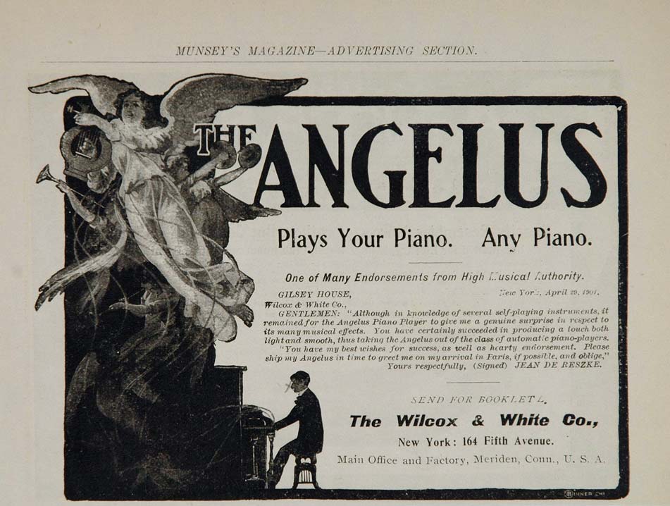 1901 Ad Vintage Angelus Player Piano Angel Meriden CT - ORIGINAL ADVERTISING OLD