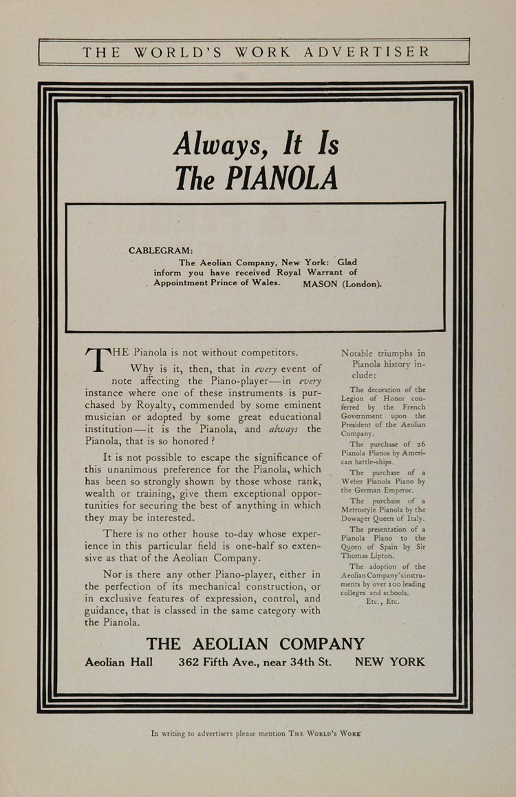 1908 Ad Vintage Pianola Piano Aeolian Music Instrument - ORIGINAL OLD