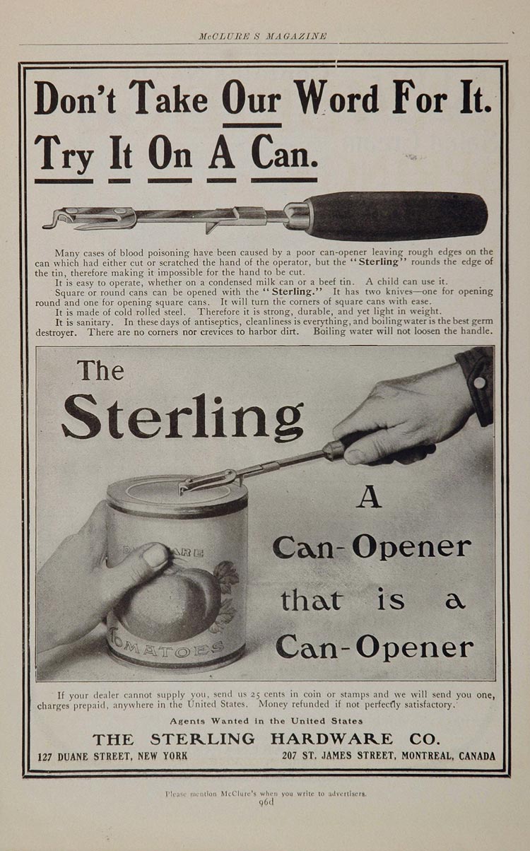 1903 Ad Vintage Sterling Hardware Can Opener UNUSUAL - ORIGINAL ADVERTISING OLD