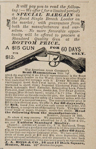 1885 Ad Vintage Single Breech Loader Gun American Arms - ORIGINAL OLD