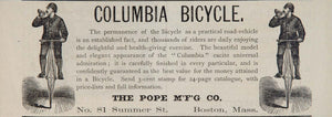 1881 Ad Vintage Columbia Bicycle Pope Mfg. Co. RARE - ORIGINAL ADVERTISING OLD