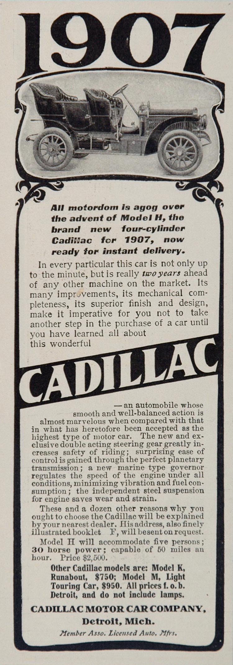 1907 Ad Vintage Cadillac Car Model H Automobile Antique - ORIGINAL OLD